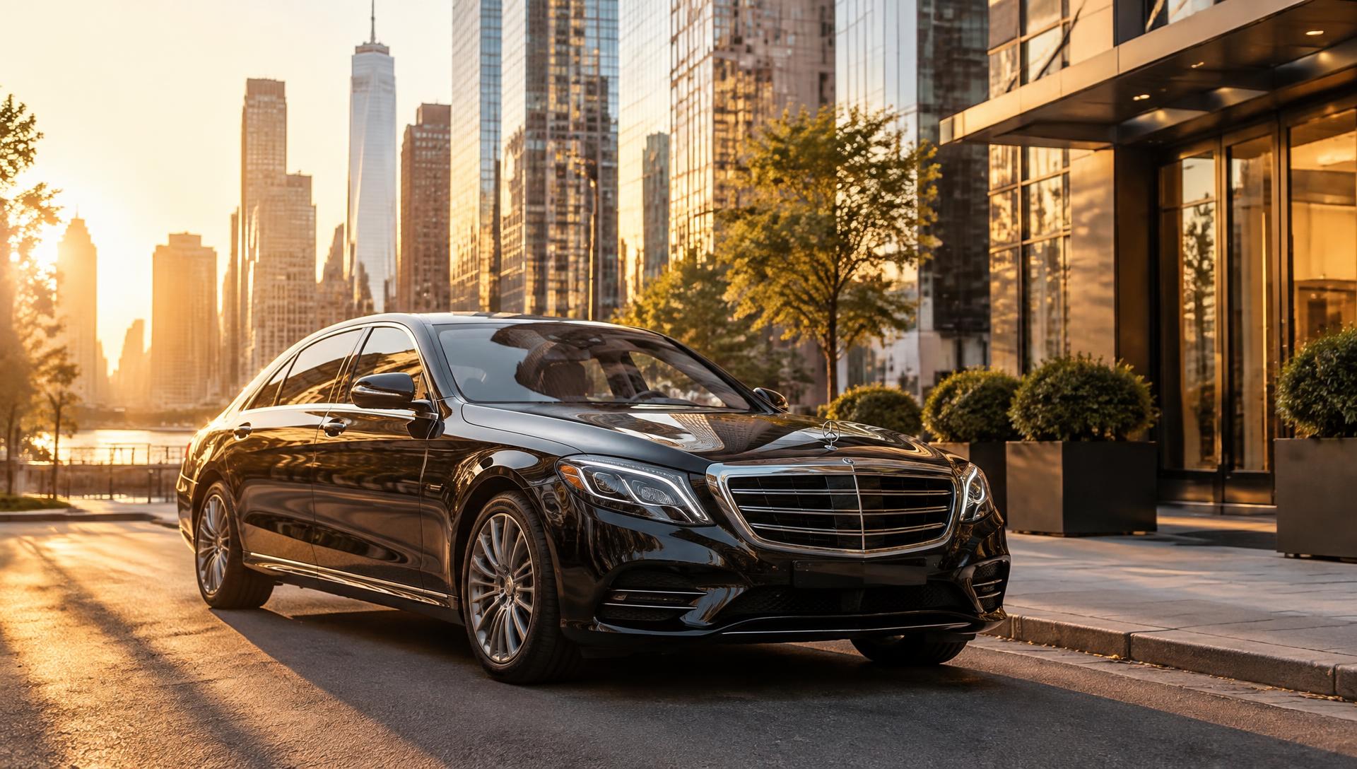 Golden-hour Manhattan skyline with a black luxury sedan